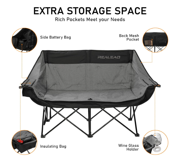 (Excellent) REALEAD Double Heated Camping Chair, 3 Heat Levels and 4 Heating Zones, Portable Heated Loveseat for Outdoor Sports, 650lb, Heated Folding Chairs for Outdoor,