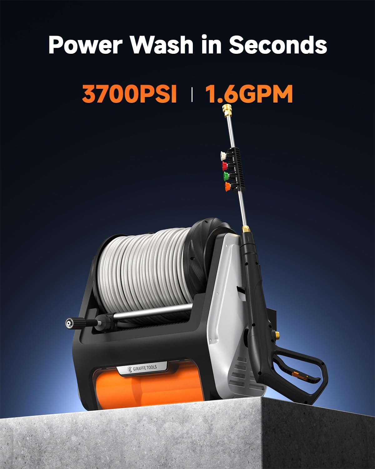 (Excellent) Giraffe Tools Wall Mounted Pressure Washer PRO with Upgraded 1800W Brushless Motor, Max 3700PSI Electric Power Washer with 100ft Detachable Hose for Car/Patios, Automatic Rewind, Any Length Lock