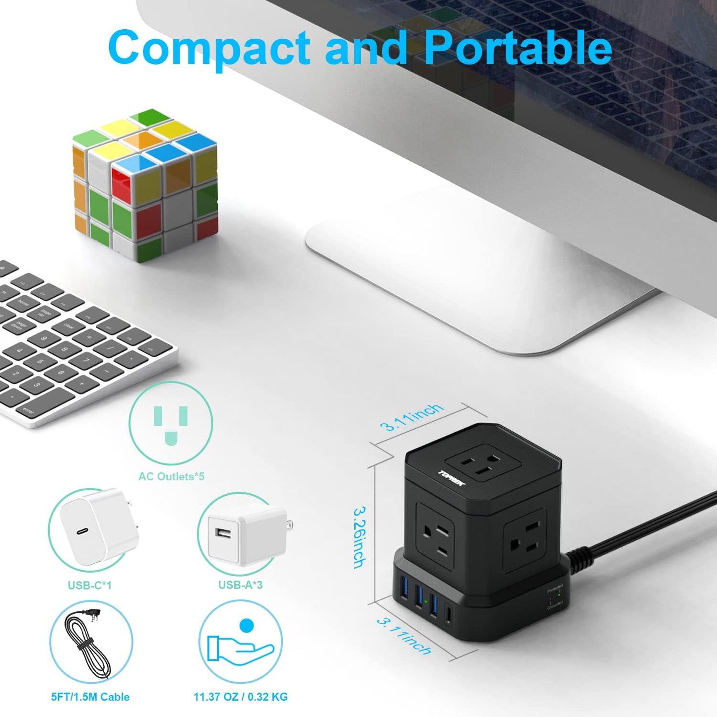 (New) TOPREK Power Strip with USB, USB C (3.0A) Power Strip with 5 Outlets