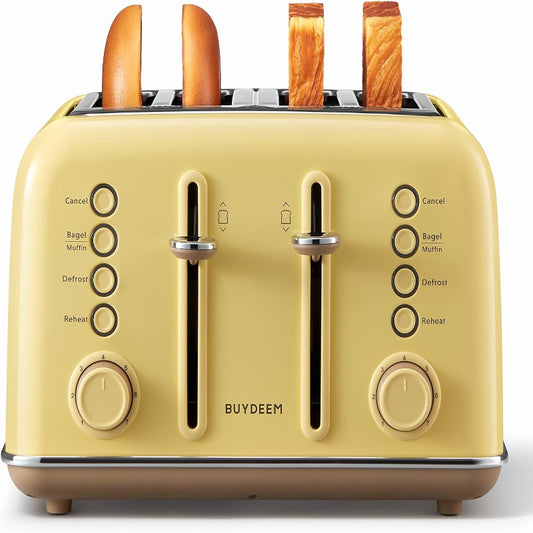 (New Open Box) BUYDEEM 4 Slice Toaster, Extra Wide Slots, Retro Stainless Steel-DT640  (Mellow Yellow)