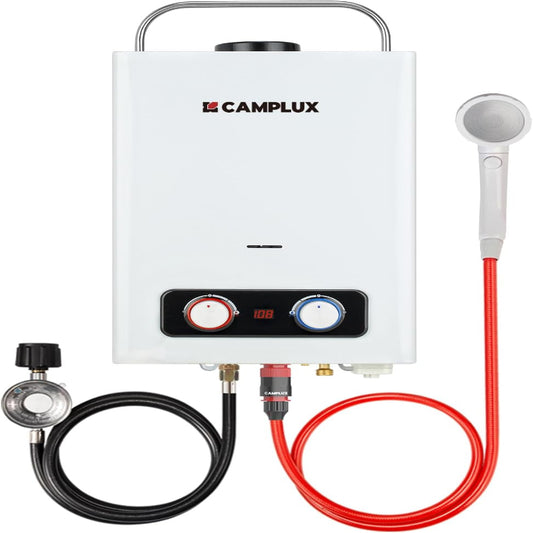 (New Open Box) CAMPLUX Portable Tankless Water Heater 6L, Easy Install Outdoor Propane Gas Water Heater,White