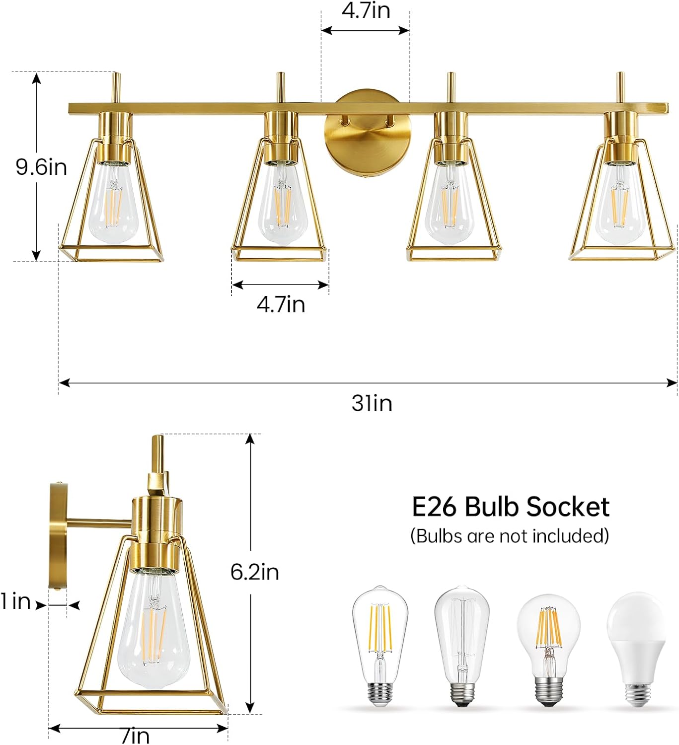 (New Open Box) HAHZT Industrial Bathroom Vanity Lights: 4-Lights Gold Brushed Brass Vintage Metal