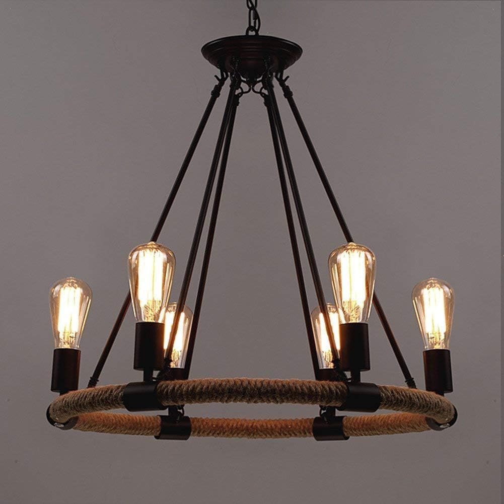 GG Pinkey Industrial Pendant Light Retro 6 Lights Chandeliers Vintage Hemp Rope Ceiling Light Fixtures for Dining Room Kitchen Living Room Bedroom Farmhouse