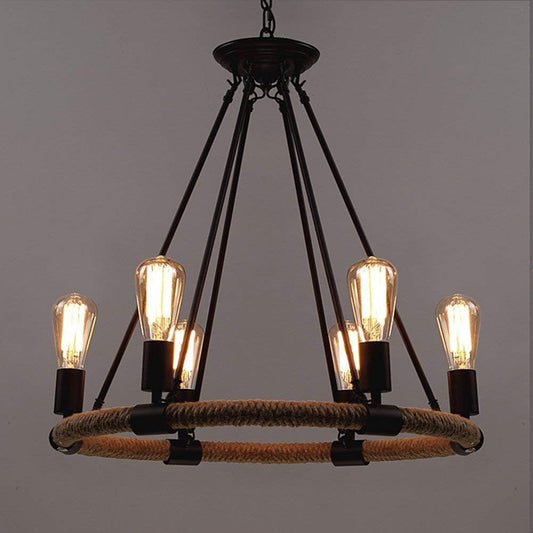 GG Pinkey Industrial Pendant Light Retro 6 Lights Chandeliers Vintage Hemp Rope Ceiling Light Fixtures for Dining Room Kitchen Living Room Bedroom Farmhouse