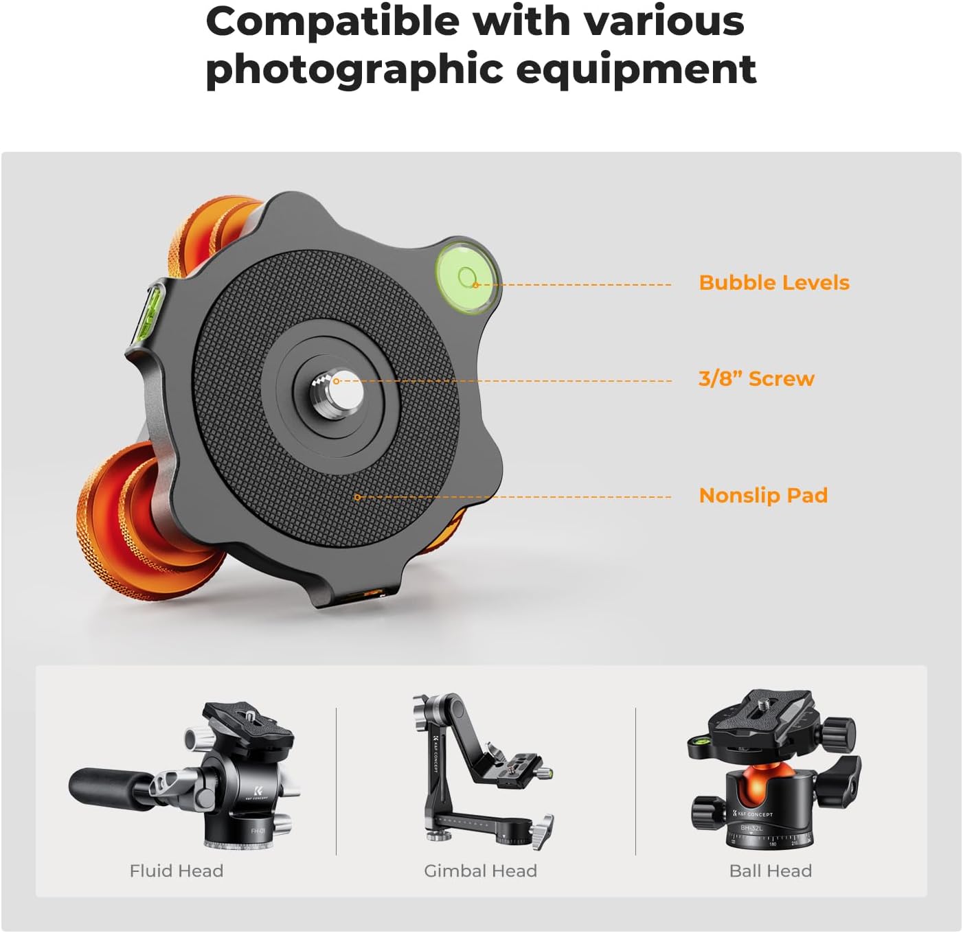 (Open box) K&F Concept Tripod Head Leveling Base with Bubble, Aluminum Alloy Construction, Camera Levelling Device ±5° Tilt with 3/8 Inch Screw for Macro Panoramic Photography, with a 1/4” to 3/8” Adapter