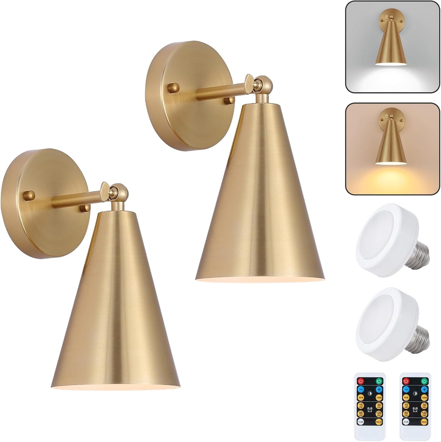 (New Open Box) MWZ Gold Wall Sconces Set of Two,Wireless Indoor Led Lighting with Remote Control, Modern Dimmable 2 Color Temperatures Adjustable Angle Wall