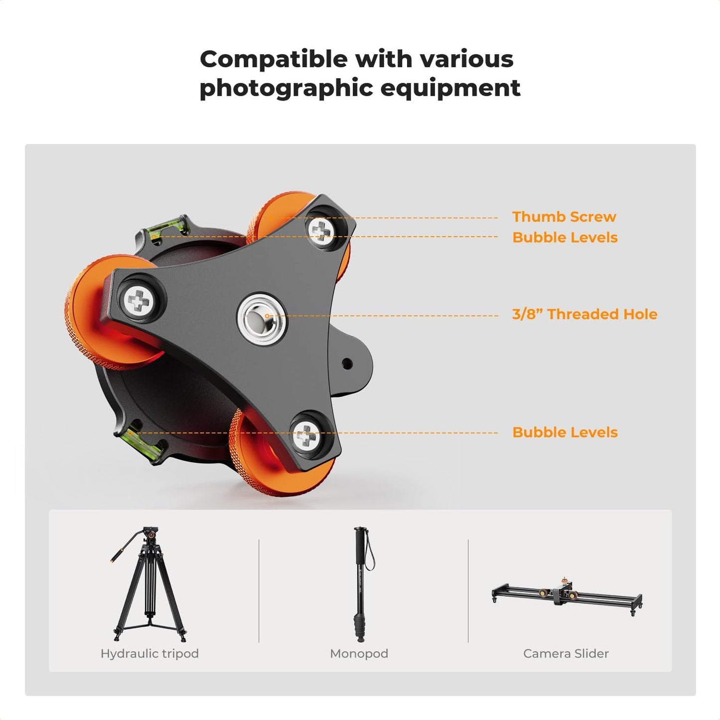 (Open box) K&F Concept Tripod Head Leveling Base with Bubble, Aluminum Alloy Construction, Camera Levelling Device ±5° Tilt with 3/8 Inch Screw for Macro Panoramic Photography, with a 1/4” to 3/8” Adapter