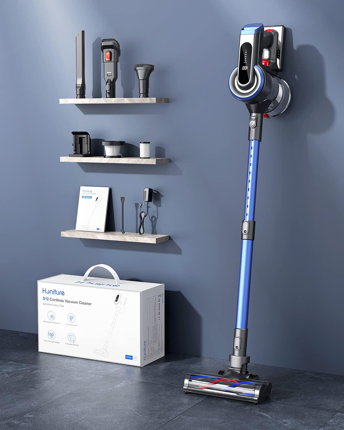 (New Open Box) HONITURE Cordless Vacuum Cleaner, 450W 38Kpa Powerful Stick Vacuum with Detachable Battery, S12