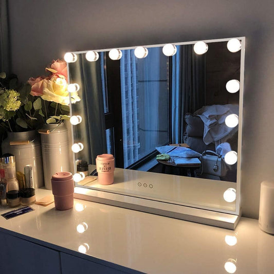 (New Open Box) FENCHILIN Vanity Mirror with Lights, Hollywood Lighted Makeup Mirror with 15 Dimmable LED Bulbs for Dressing Room & Bedroom, Slim Metal Frame Design, White