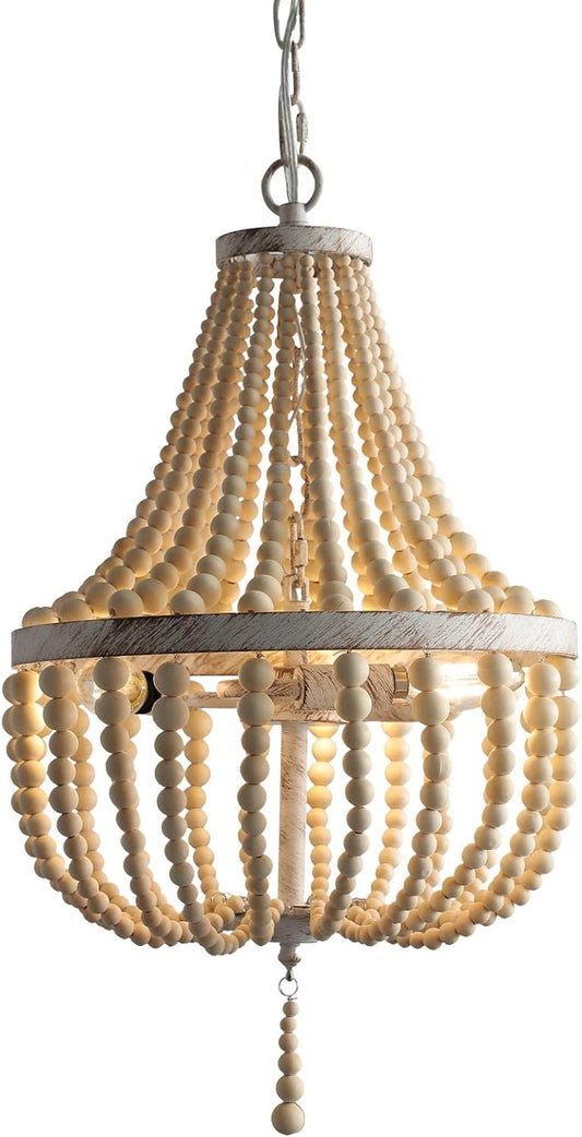 3-Light Mini Bohemian Wood Beaded Chandelier Pendant Boho Light Fixture