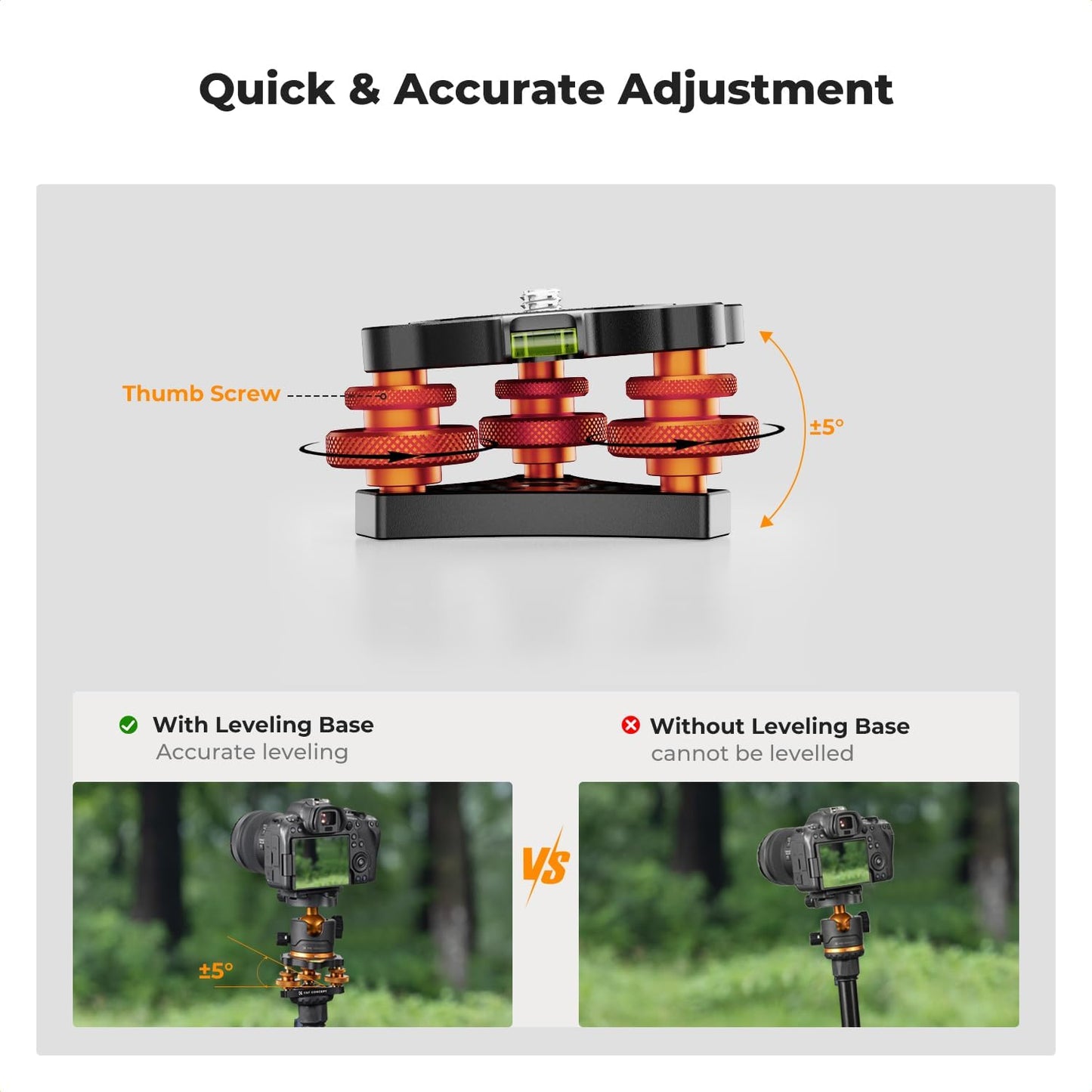 (Open box) K&F Concept Tripod Head Leveling Base with Bubble, Aluminum Alloy Construction, Camera Levelling Device ±5° Tilt with 3/8 Inch Screw for Macro Panoramic Photography, with a 1/4” to 3/8” Adapter