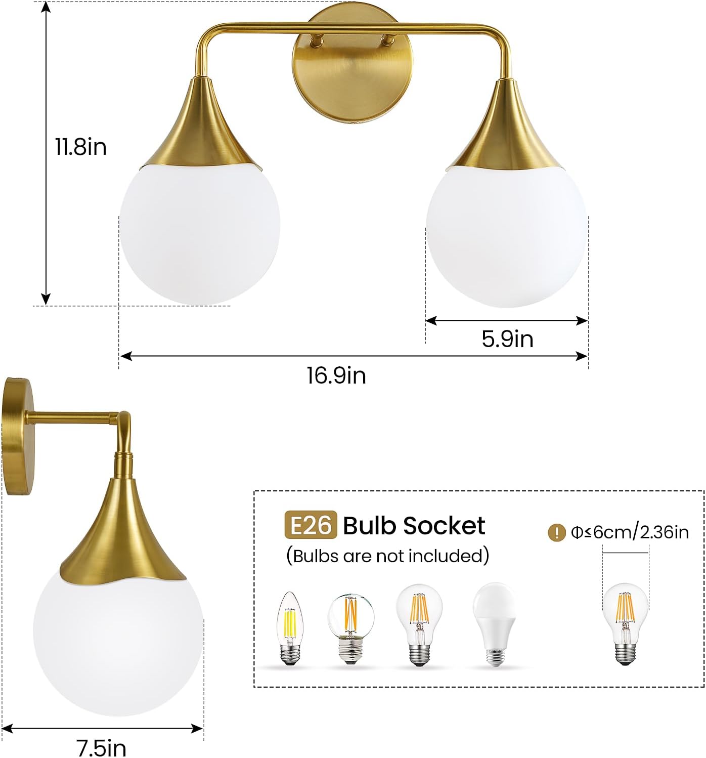 (New Open Box) HAHZT 2-Light Mid Century Farmhouse Bathroom Vanity Light Fixtures - Brushed Gold