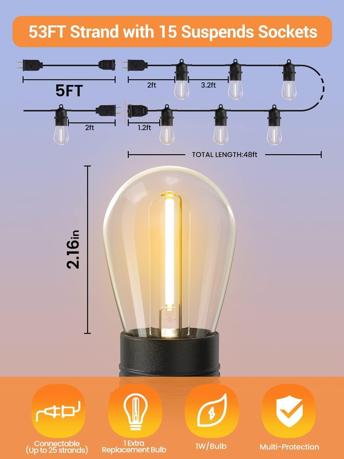 Led Filament String Lights 101FT 30+2 Bulbs, Waterproof Shatterproof Patio, Gazebo 2700k lumens