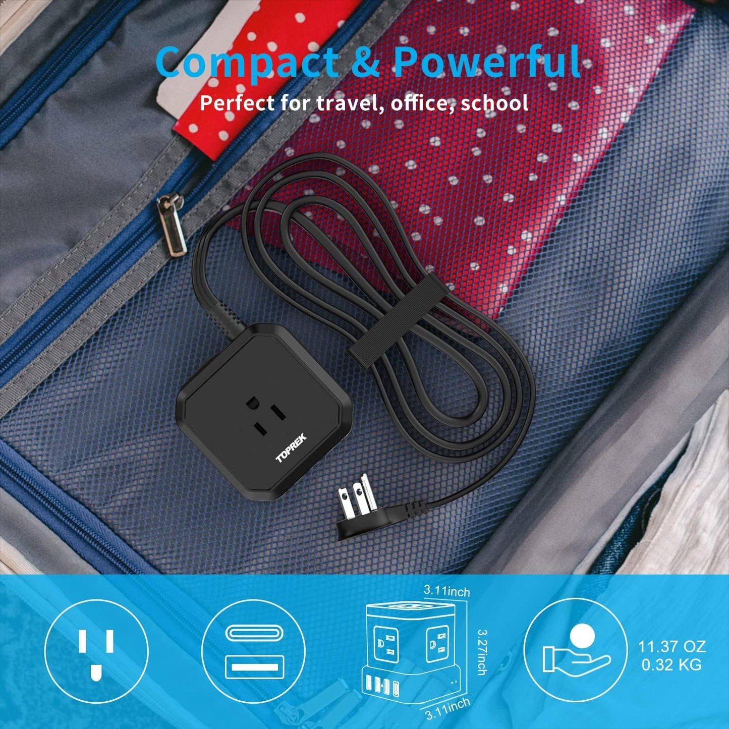 (New) TOPREK Power Strip with USB, USB C (3.0A) Power Strip with 5 Outlets
