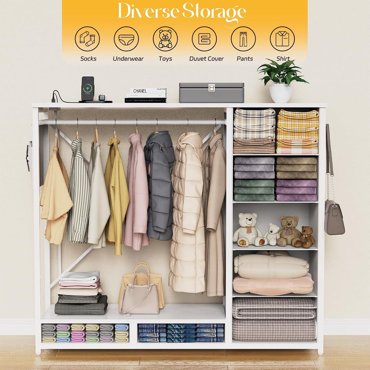 (New Open Box) SZLHANJZ Dresser for Bedroom with Hanging Rack, 7 Drawer Clothes Storage Chest with Lights and Charging Station, Wardrobe Dresser with Hooks and Pocket, Wood Top, Nursery White