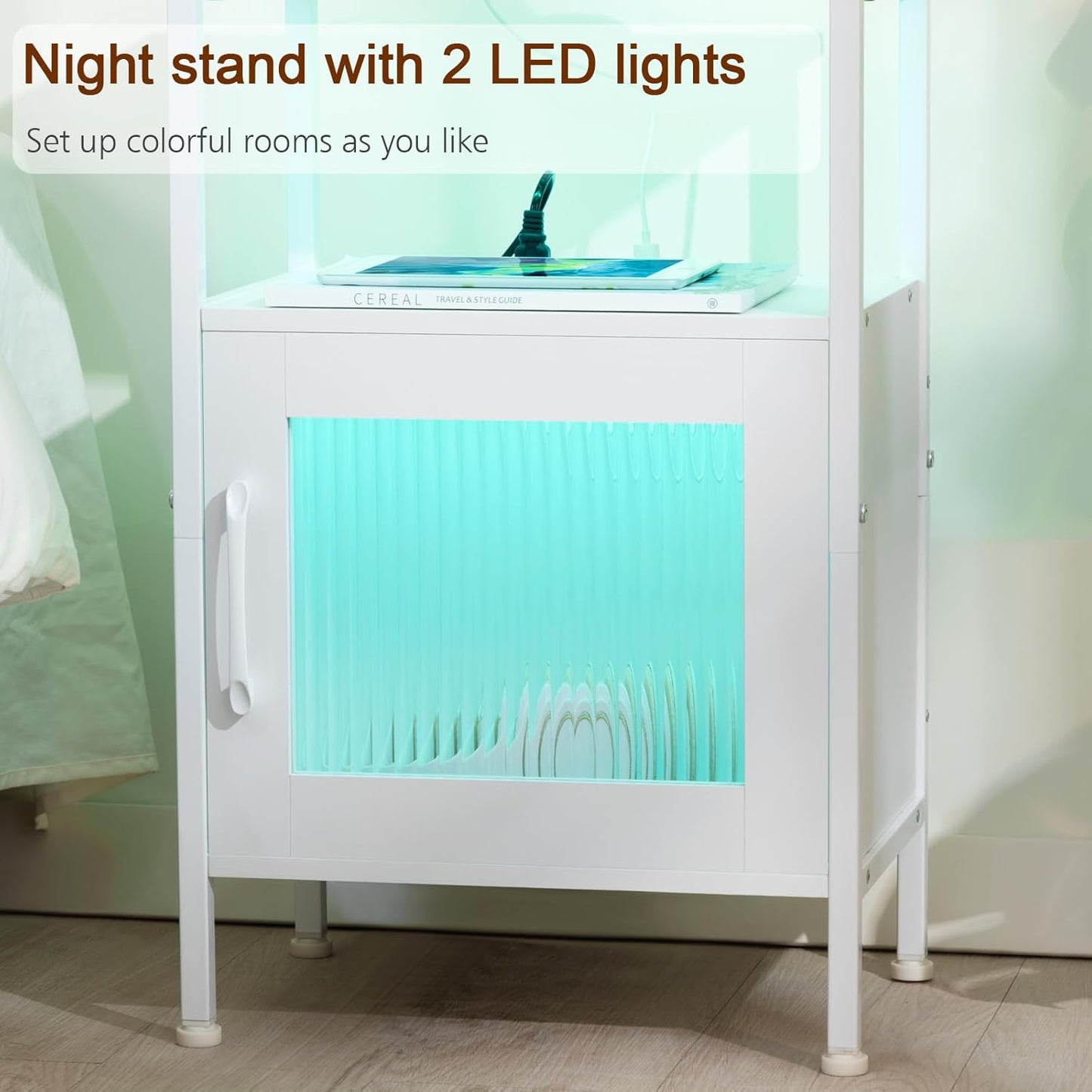 (New Open Box) LOAKEKEL Night Stand, LED Nightstand with Charging Station, Small End Table with Glass Door and Storage Shelf, Modern Side Table with USB Ports & Outlets, Bedside Table for Bedroom, White, HNS06WT-1