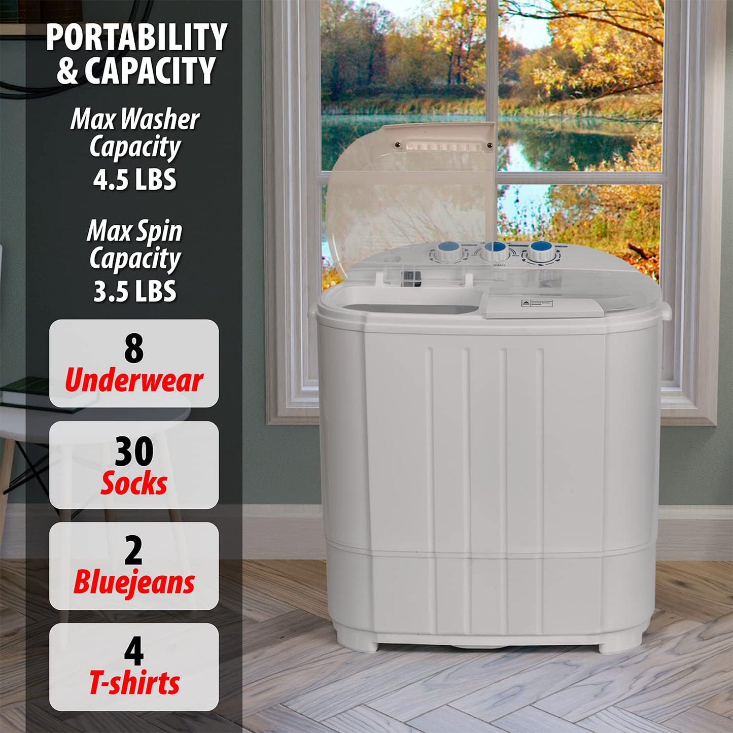 (New Open Box) Deco Home Compact Twin Tub Portable Washer, Top Load, White, 4.5 Pounds Capacity, Water & Detergent Efficient, Ideal for Dorms, Apartments, RVs