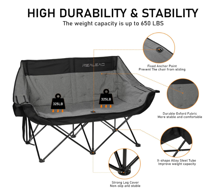 (Excellent) REALEAD Double Heated Camping Chair, 3 Heat Levels and 4 Heating Zones, Portable Heated Loveseat for Outdoor Sports, 650lb, Heated Folding Chairs for Outdoor,