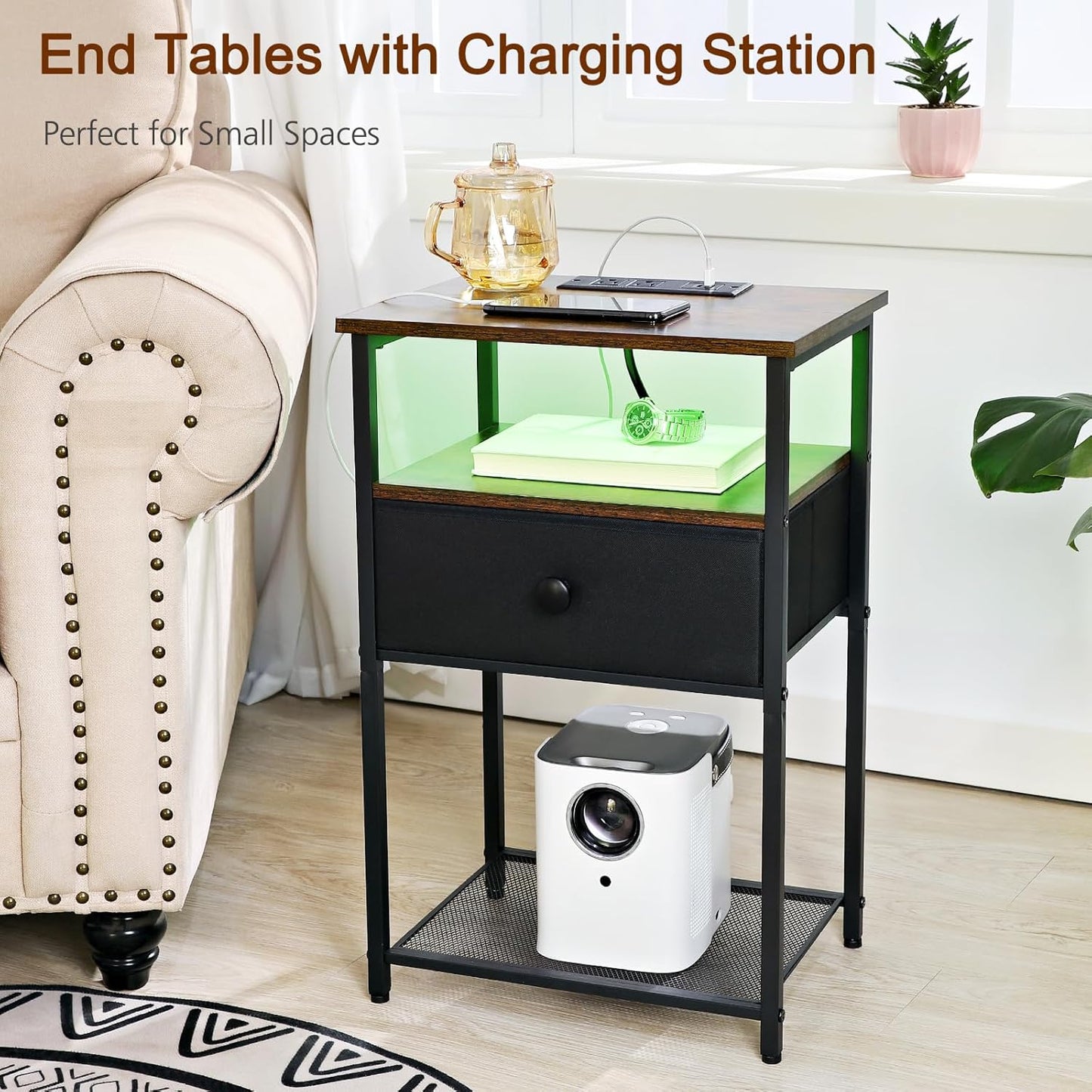 (New Open Box) LOAKEKEL Nightstands Set of 2 with Charging Station, LED Night Stands, HETS01BR (DS0052)