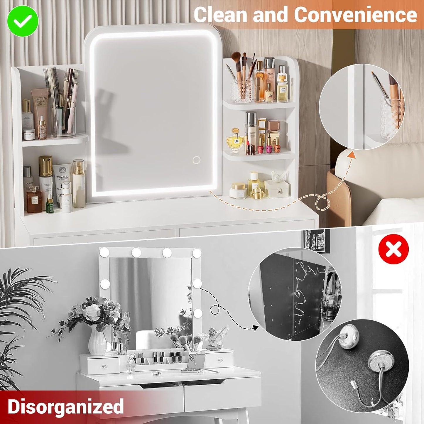 (New Open Box) Cyclysio Vanity Desk, Makeup Vanity Desk with Mirrors, Vanity Set with 2 Storage Drawers and Open Shelves, 3 Colors LED Brightness Adjustable Dressing Table, Makeup Desk for Girls and Women, White