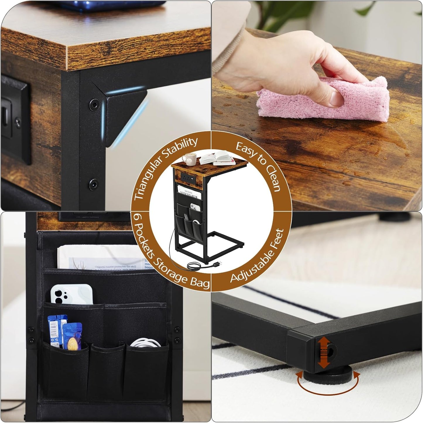 (New Open Box) AMHANCIBLE Couch Table, C Shaped End Table with Charging Station, TV Tray, Side Table with Storage for Couch, Sofa Table for Living Room HET04CBR-1
