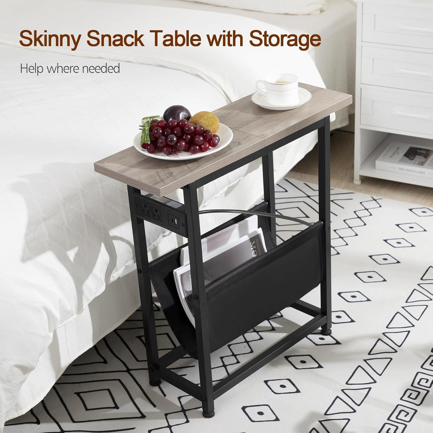 (New Open Box) Narrow Side Table Set of 2, Slim End Table with Charging Station with Magazine Holder HETN02PGY