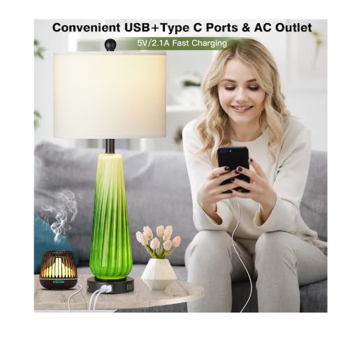 (Brand New) 27.5-in Green LED Table Lamp Set of 2 | Rotary Socket • Linen Shade | TD-257