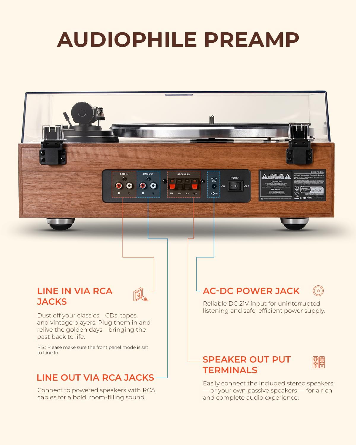 (New Open Box) QLEARSOUL HiFire X Vinyl Record Player, Audiophile HiFi Turntables System with 100W Bookshelf Speakers,VU Meter, DSP Preamp, Support 33/45 RPM, RCA LINE in | Out