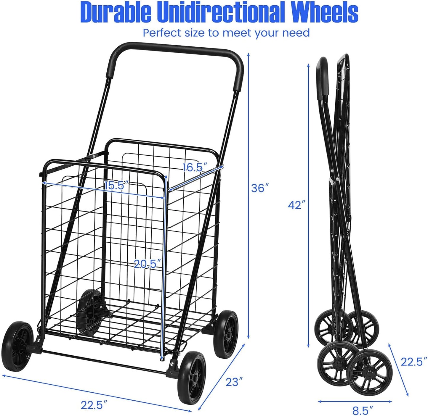 (New Open Box)  Heavy-Duty Folding Shopping Cart | 22 Gal Metal Basket • Large Wheels • Utility Rolling Cart