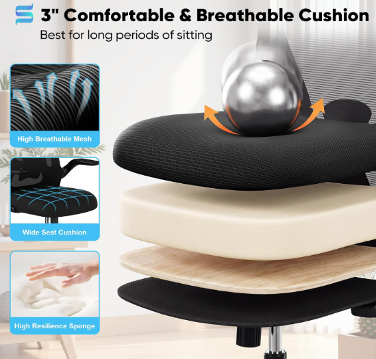 (New Open Box) Sytas Office Chair, Ergonomic Desk Chair with Lumbar Support, Adjustable Height & Flip-Up Armrests, Mesh Computer Chair, Comfy Swivel Chair for Home Office and Guitar Playing, 300 Lbs (Modern, Black)