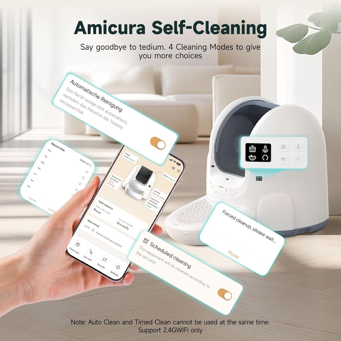 (New Open Box) Amicura Automatic Cat Litter Box, Self Cleaning, 360-Degree Detection Smart Anti-Pinch