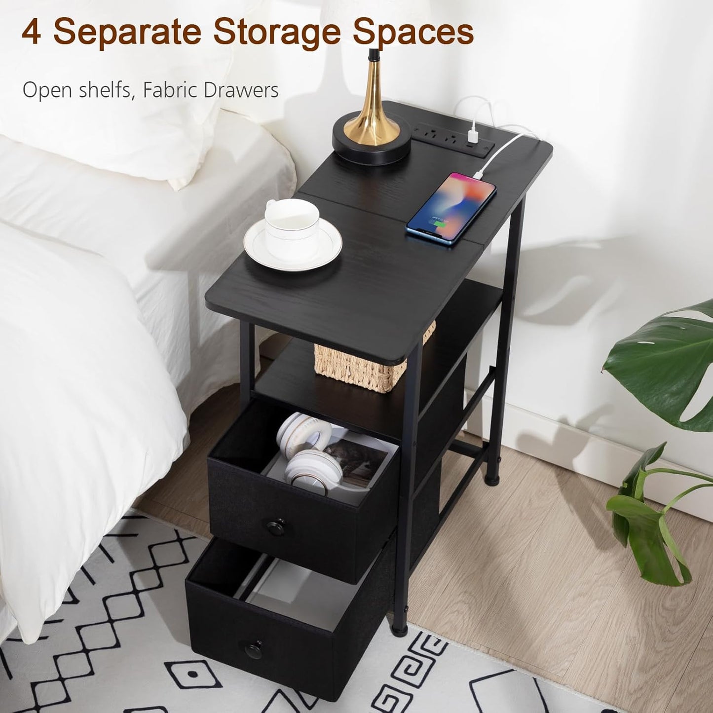 (New Open Box) AMHANCIBLE Narrow Nightstand with Charging Station, Slim End Side Table with USB Ports, HETN012BK-1