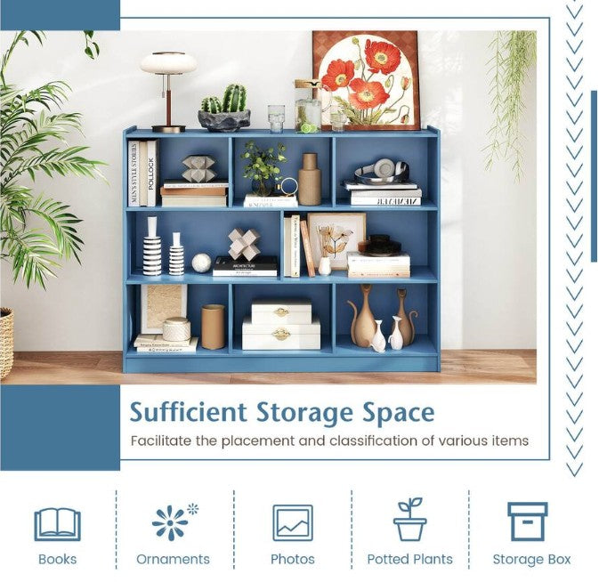 (New Open Box)  8 Cube 3-Tier Open Wooden Bookshelf & Toy Storage Organizer | Anti-Toppling • Blue