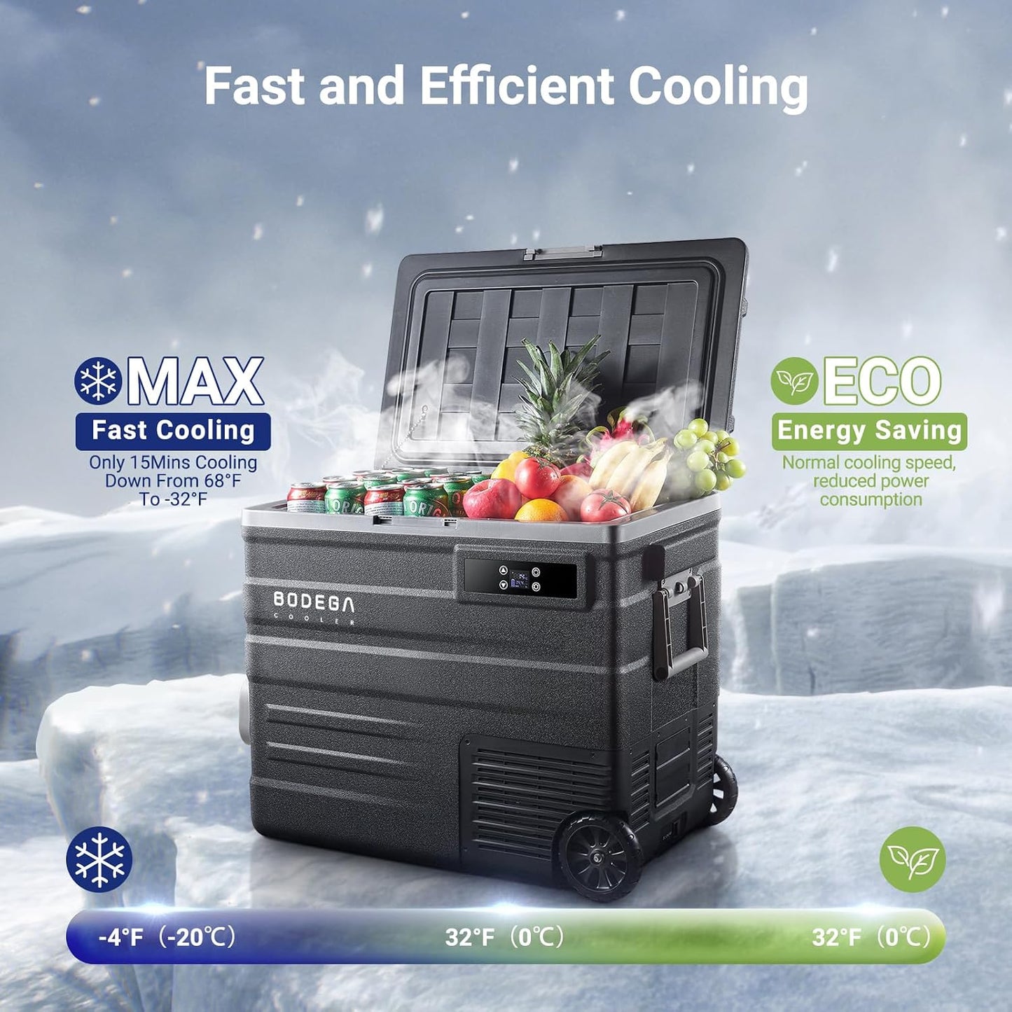 (New Open Box)  BODEGACOOLER Portable Car Refrigerator (U65) – 68 Quart / 65L | 12V Freezer with APP Control