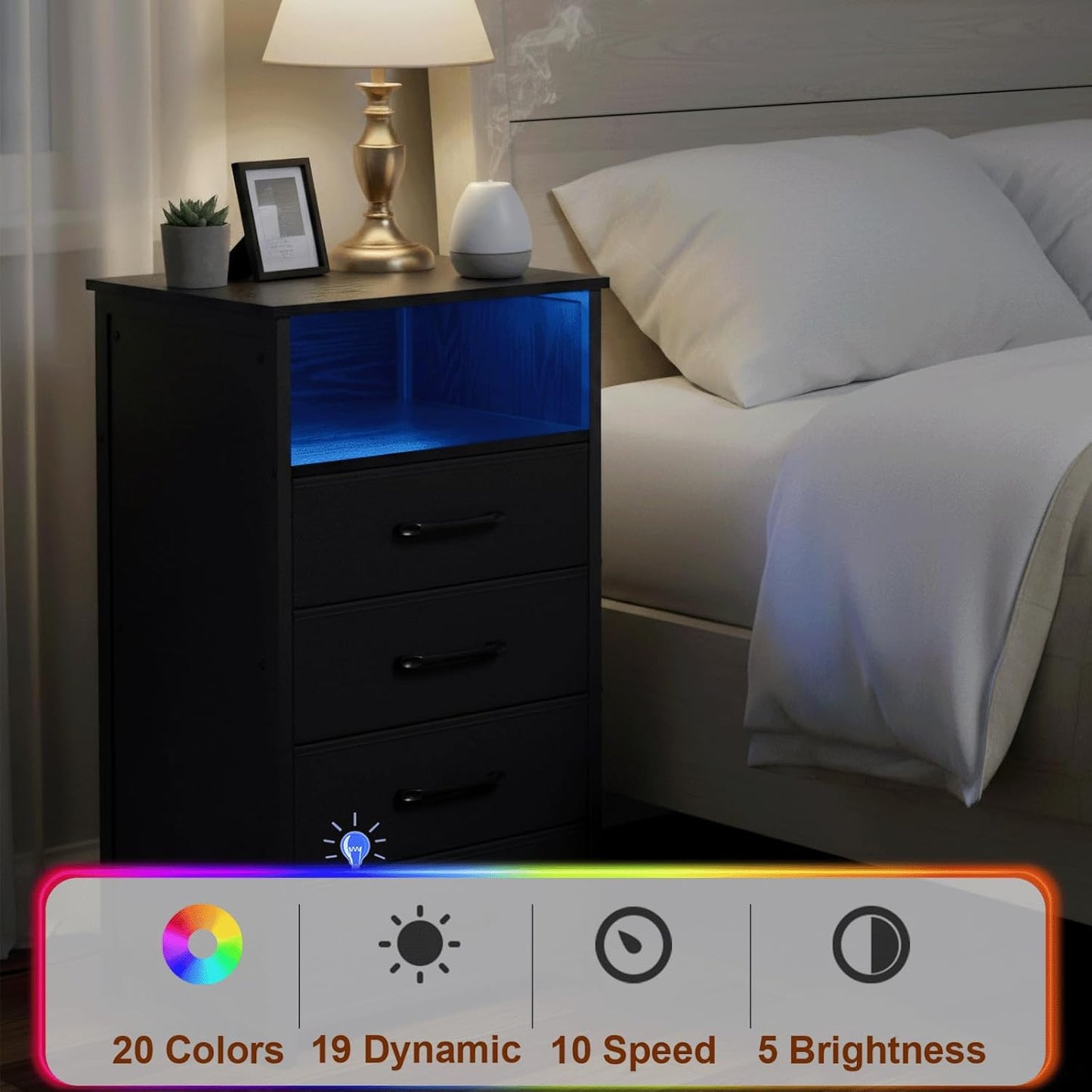 (New Open Box) LOAKEKEL Night Stand Set 2, Tall Nightstand with Charging Station for Bedroom with 4 Drawers, LED End Tables with USB Ports and Outlets, Bedside Table with Storage Shelf, Black, HNS034BK