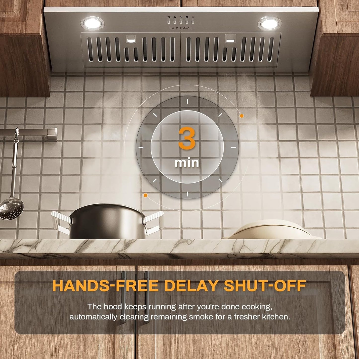 (New Open Box) Soonye 30" Insert Range Hood, 600 CFM, 3 Speed Gesture Sensor Touch Control, Remote, Silver, Under Cabinet Mount
