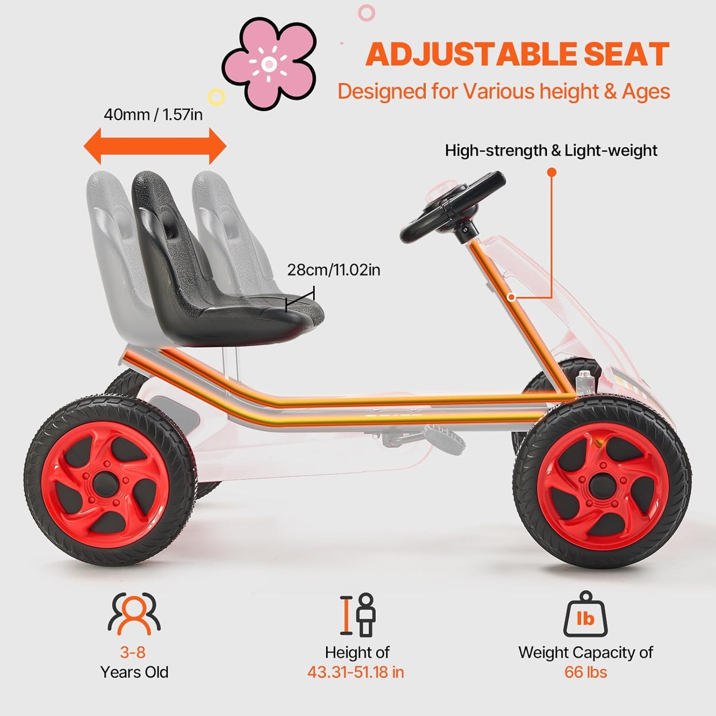 (New Open Box) VEVOR Kids Pedal Go Kart, 4 Wheel Off-Road Pedal Go Cart Ride On Toy for Kids, Steering Wheel, Adjustable Seat, Non-Slip Big Wheels, Outdoor Racer Ride On Pedal