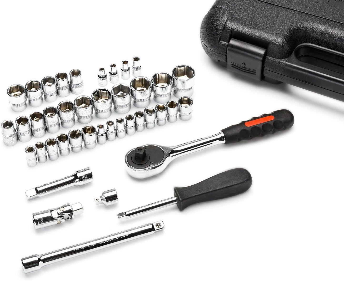 (New Open Box) MAXPOWER 42-Piece 1/4" & 3/8" Dr. Socket Wrench Set - Metric + SAE - with Included Sockets, Ratchet Handle, Extension Bars, Universal Joint, Adapter, Spinner Handle, and Carrying Case