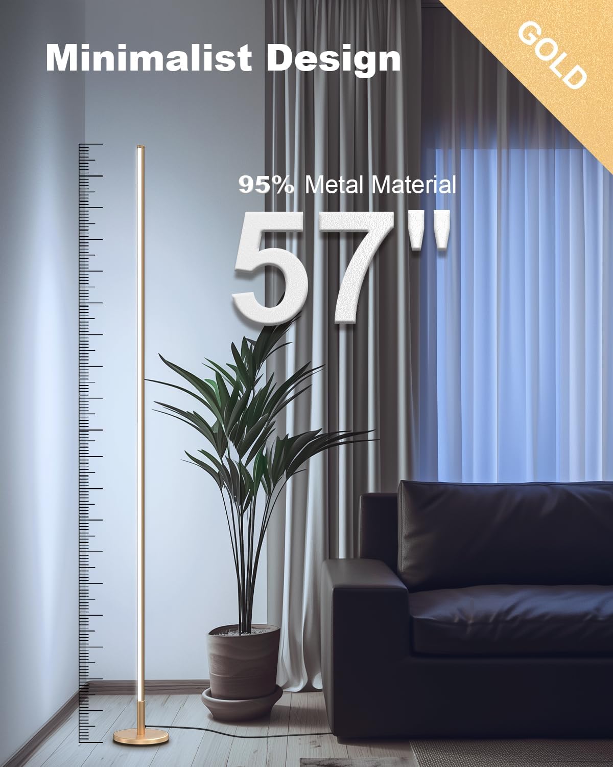 (New Open Box) TACAHE Minimalist Corner Floor Lamp | Dimmable LED • Remote Control • Gold Finish