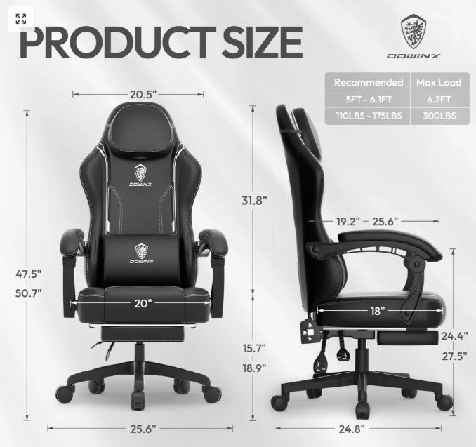 (New Open Box)  Dowinx Ergonomic Series 6650 Gaming Chair | Pocket Spring Cushion • Footrest