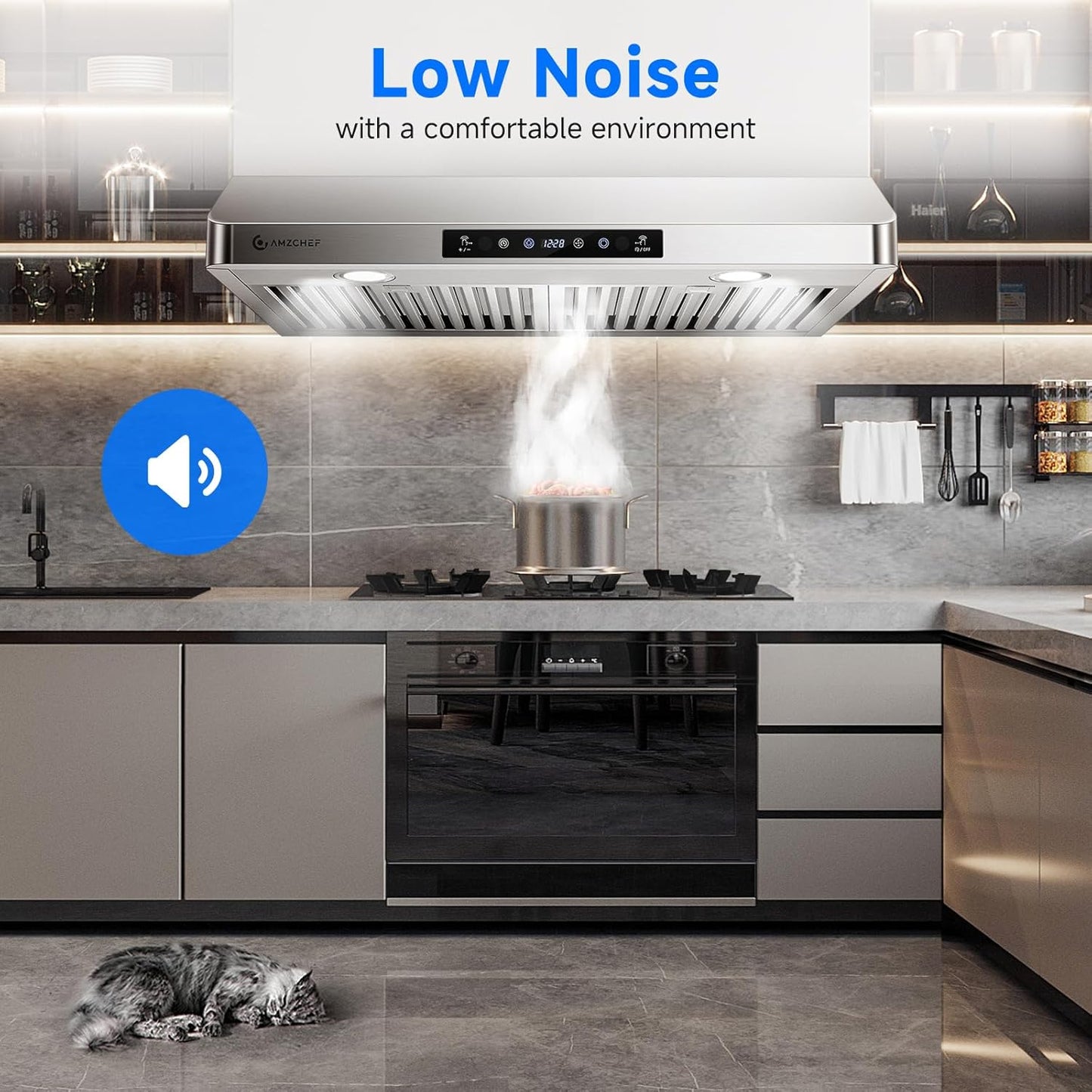 (New Open Box) AMZCHEF (LF0176C1) Under Cabinet Range Hood 30 Inch, 700CFM Stainless Steel Kitchen Stove Vent Hood 3 Speed Exhaust Fan Touch/Remote Control LED lights Time Setting Dishwasher-Safe Baffle Filters