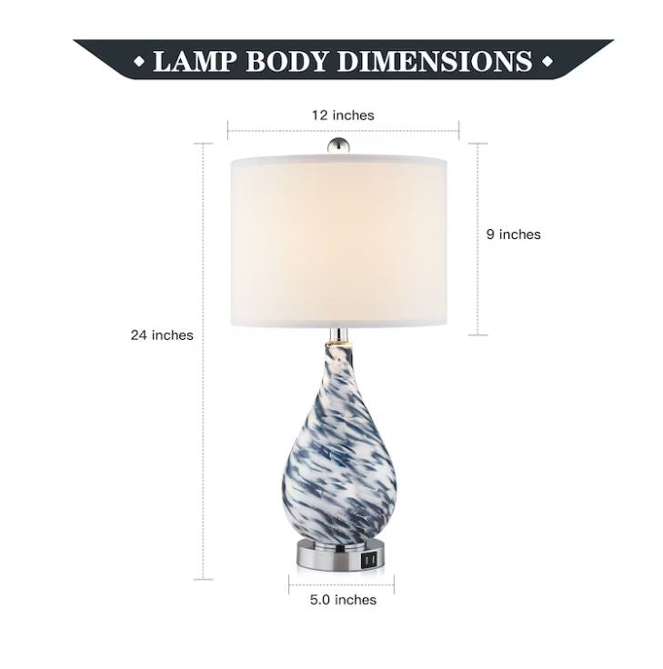 (Brand New) 24-in Blue Glass LED Touch Table Lamp | Linen Shade | TD-136