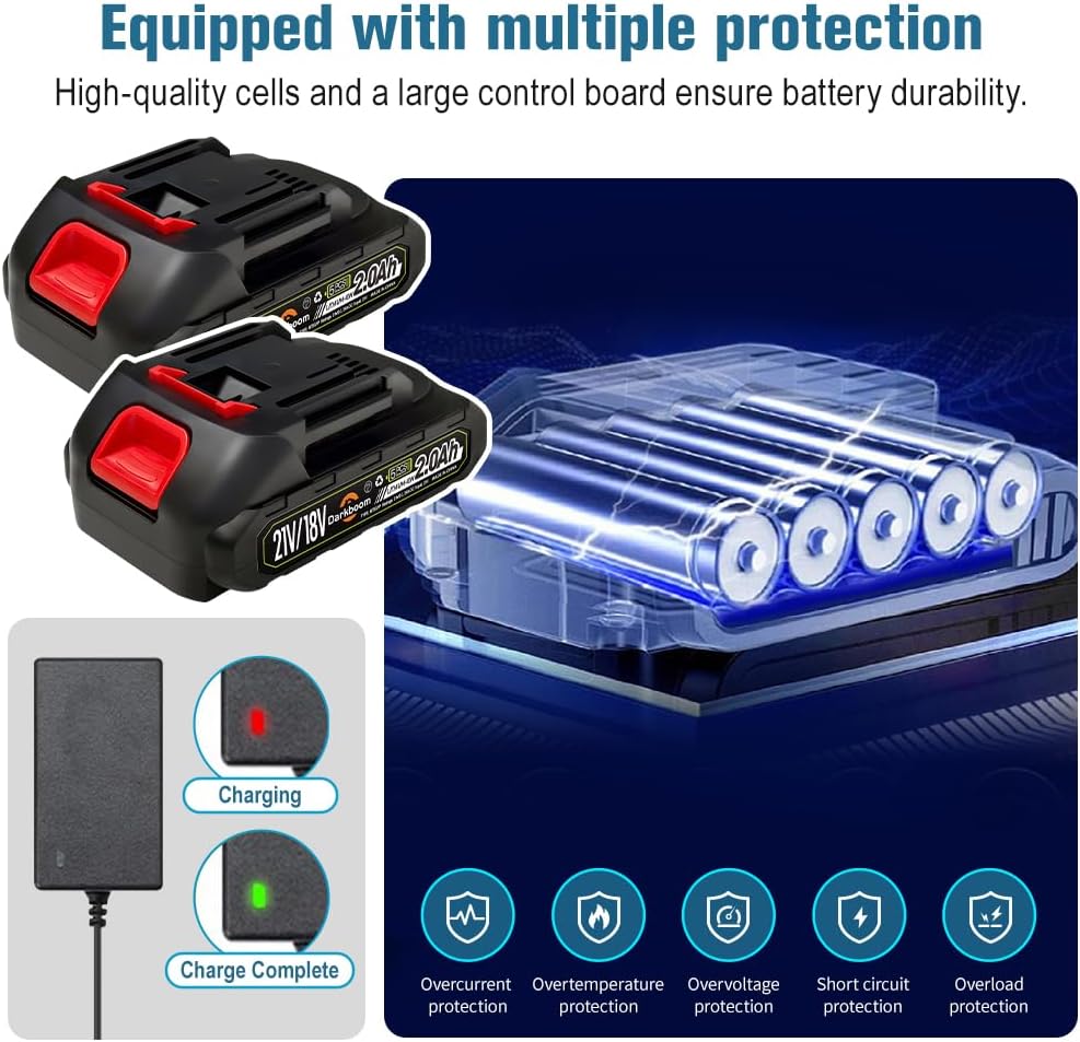 (New Open Box) 2 pcs 21V batteries, 2.0Ah 2000mAh battery for 20V 21V cordless power tools with a Battery Charger