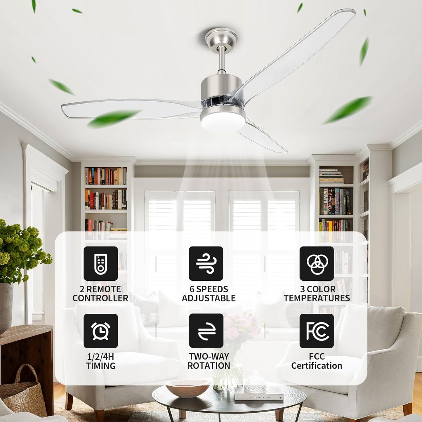 (New Open Box) OKELI 52 Inch Ceiling Fan with Light, Clear Ceiling Fans with Light and Remote 3 Reversible Blade