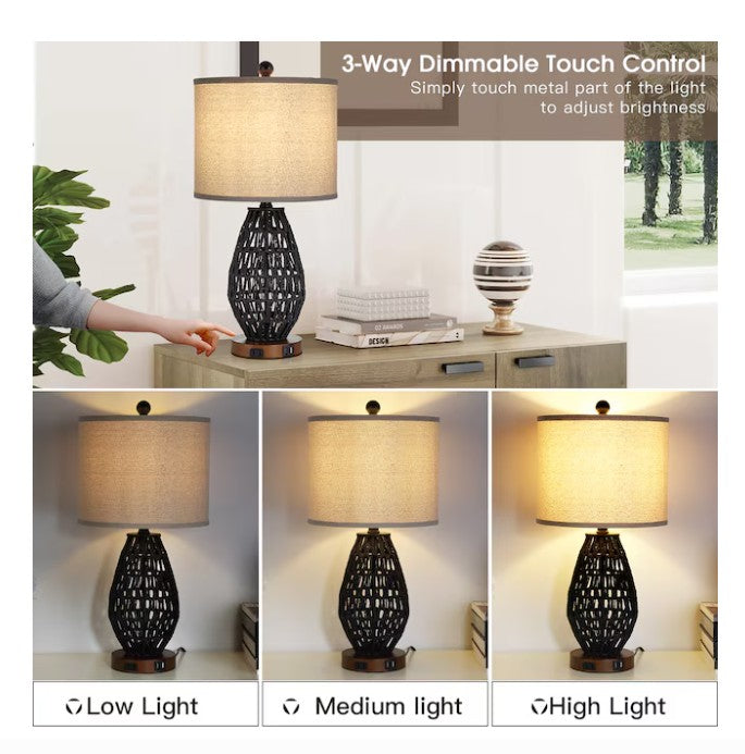 (New Open Box)  Rattan Table Lamp Set | 22.8" Black LED Touch Lamps  (TD-95)