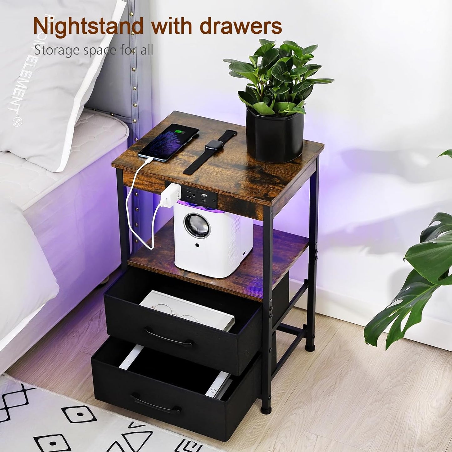 (New Open Box) LOAKEKEL End Table with 2 Drawers, Side Table with Storage Shelf, Nightstand with USB Ports and Outlets, Metal Frame, for Bedroom, Living Room,Rustic Brown HNS122BR-1