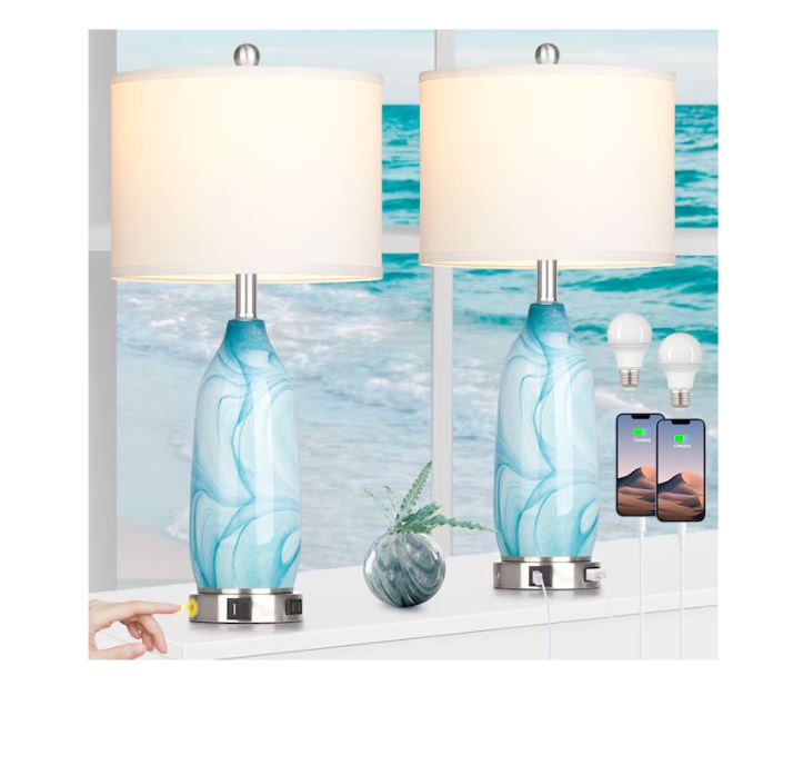 (Brand New) 26-in Ocean Blue LED Rotary Socket Table Lamp Set of 2 | Linen Shade | TD-336
