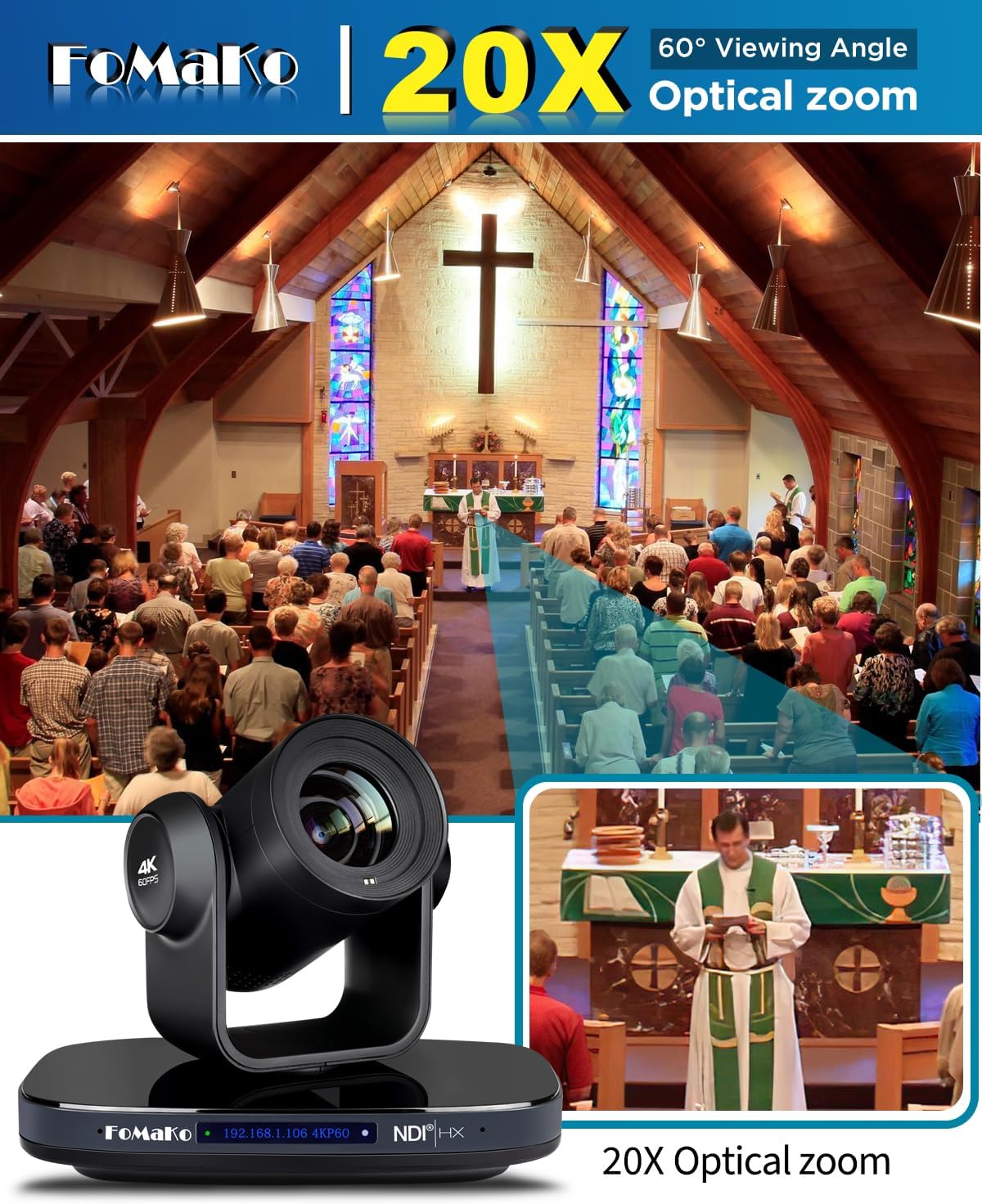 (New Open Box) FoMaKo 60FPS 4K NDI PTZ Camera, 20X Optical Zoom, 4KP60 AI Auto-Tracking, 1/1.8 UHD CMOS 8.42MP USB3.0 3G-SDI HDMI, for Church Worship Education Conference Events (K820N)