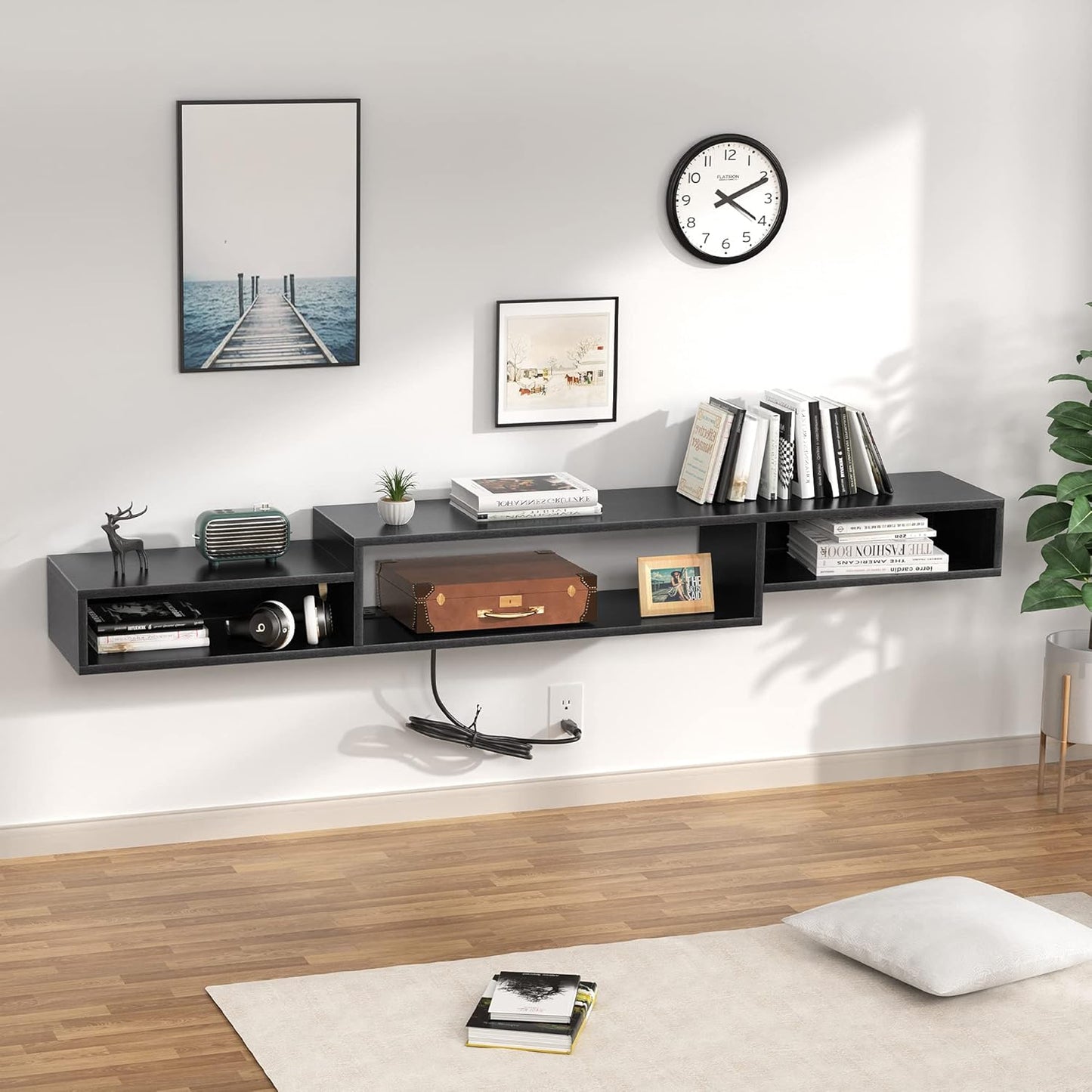 (New Open Box) FABATO 71" Floating TV Stand with Power Outlet Wall Mounted Media Console Cabinet Shelf Under TV for Cable Box Audio Video Black