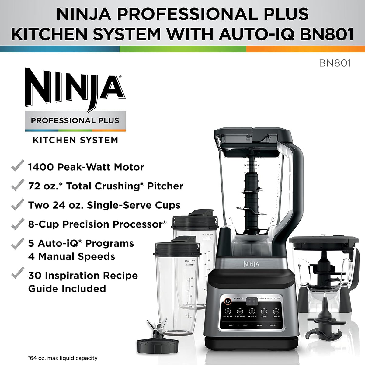 (New Open Box)  Ninja BN801C Professional Plus Kitchen System with Auto-iQ – 1400W | 72oz Pitcher
